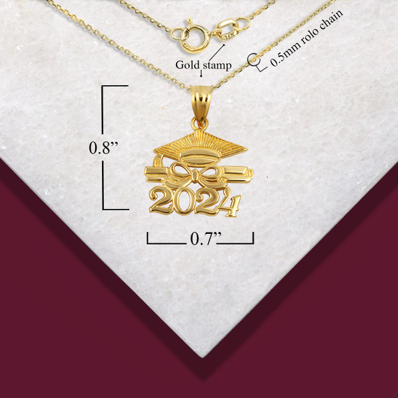 Gold Class Of 2024 Graduation Cap & Diploma Infinity Ribbon Pendant Necklace with measurements