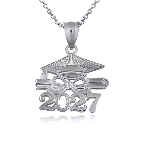 .925 Sterling Silver Class Of 2027 Graduation Cap & Diploma Infinity Ribbon Pendant Necklace