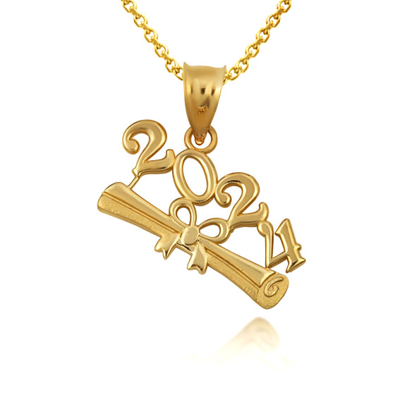 Yellow Gold Class Of 2024 Graduation Diploma Ribbon Pendant Necklace