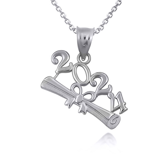 .925 Sterling Silver Class Of 2024 Graduation Diploma Ribbon Pendant Necklace