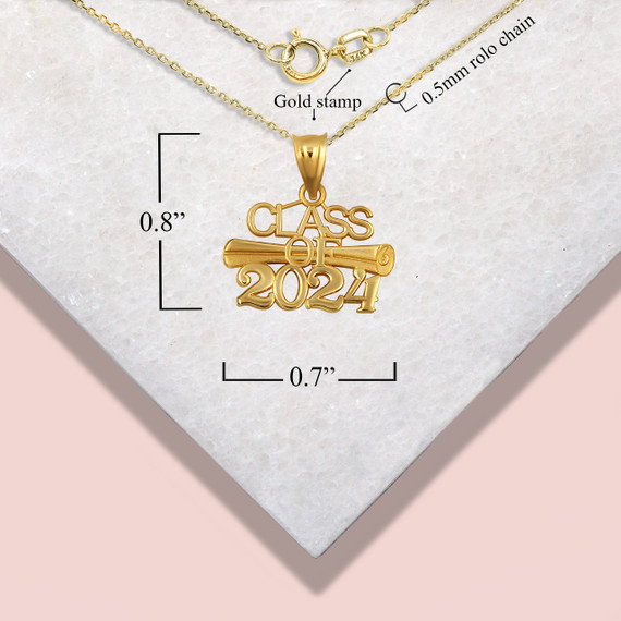 Gold Class Of 2024 Graduation Diploma Pendant Necklace with measurements