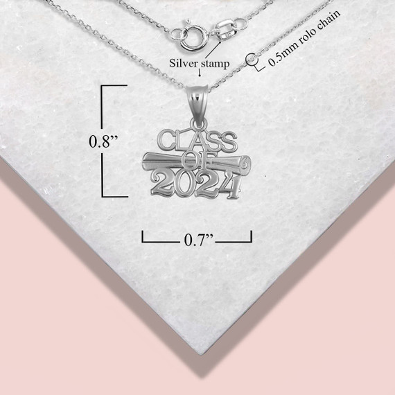 .925 Sterling Silver Class Of 2024 Graduation Diploma Pendant Necklace with measurements