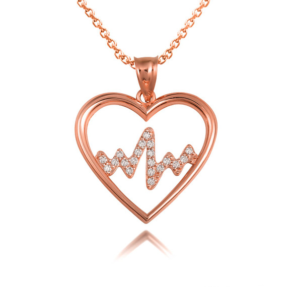 Rose Gold Diamond Heartbeat Pulse Lifeline Pendant Necklace