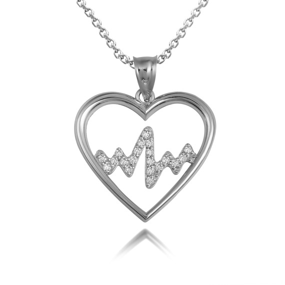 White Gold Diamond Heartbeat Pulse Lifeline Pendant Necklace