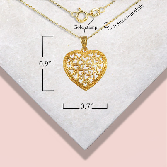 Yellow Gold Hearts Inside Heart Pendant Necklace with measurements