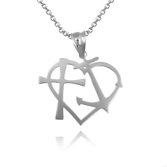 White Gold Heart Cross & Anchor Pendant Necklace