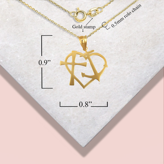 Yellow Gold Heart Cross & Anchor Pendant Necklace with measurements