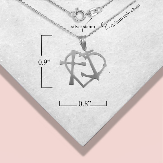 .925 Sterling Silver Heart Cross & Anchor Pendant Necklace with measurements