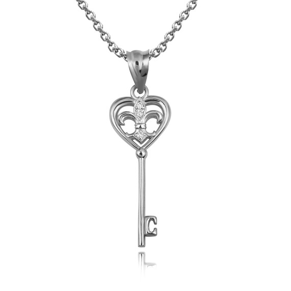 White Gold Fleur De Lis Key Heart Pendant Necklace