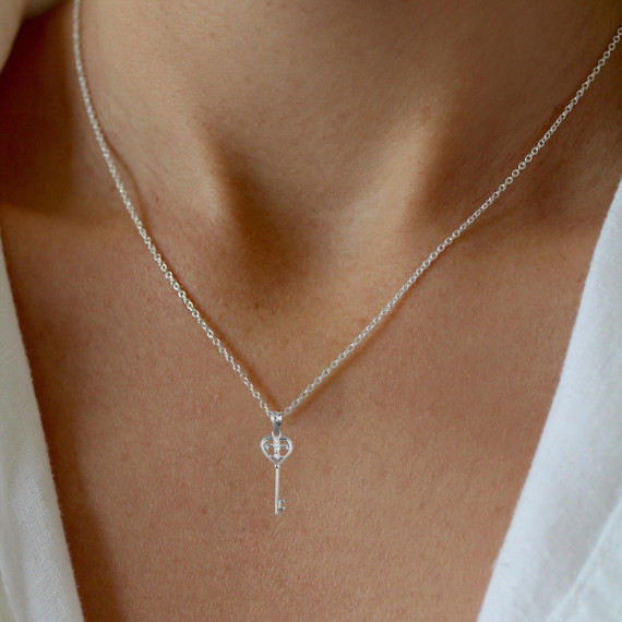 .925 Sterling Silver Fleur De Lis Key Heart Pendant Necklace on female model
