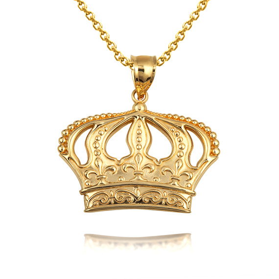 Yellow Gold Royal Queen Crown Fluer De Lis Victorian Pendant Necklace