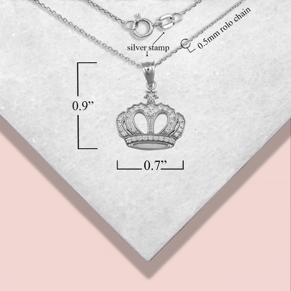 .925 Sterling Silver Royal Princess CZ Heart Crown Pendant Necklace with Measurements