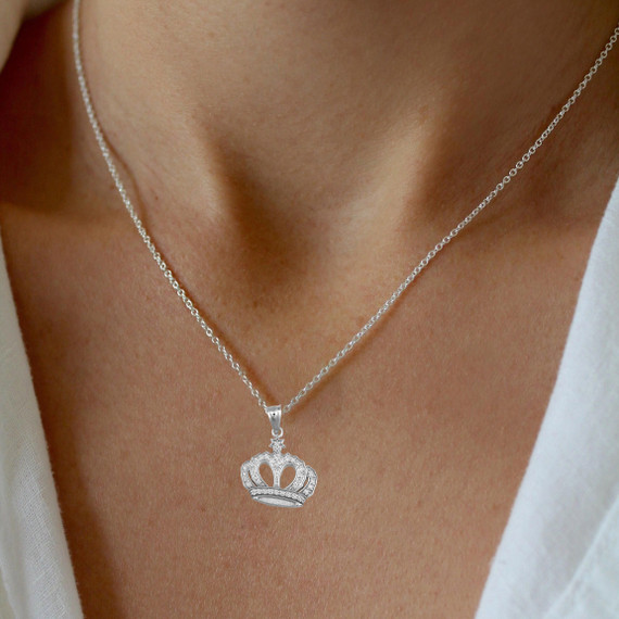 .925 Sterling Silver Royal Princess CZ Heart Crown Pendant Necklace