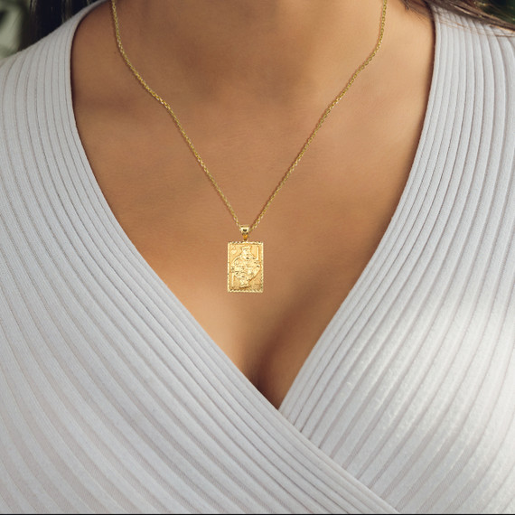 Gold King Of Hearts Playing Cards Pendant Necklace on female model