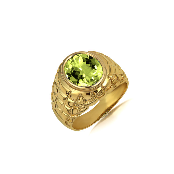 Yellow Gold Oval Gemstone Peridot Ribbed Nugget Men's Ring