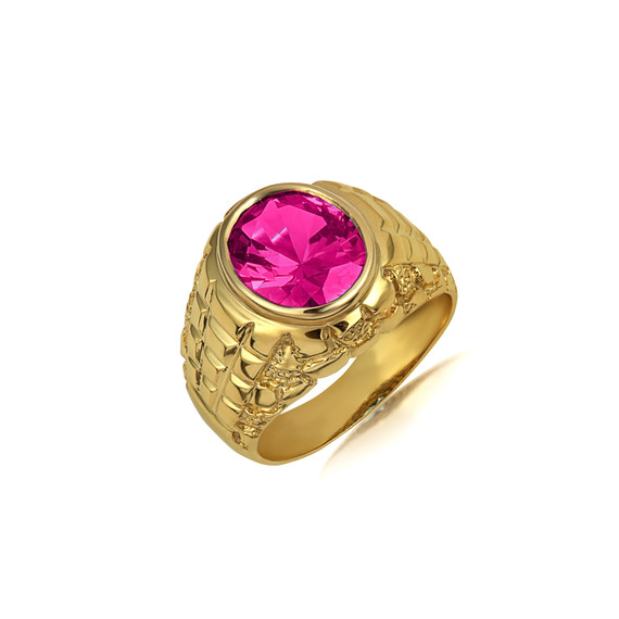 Yellow Gold Oval Gemstone Ruby Ribbed Nugget Men's Ring