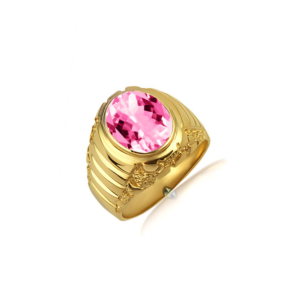 Gold Oval Pink Gemstone Ribbed Nugget Ring