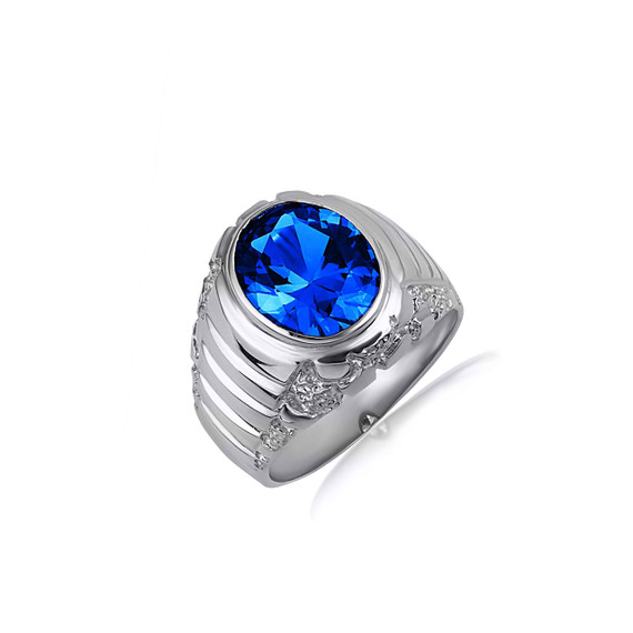.925 Sterling Silver Oval Sapphire Gemstone Ribbed Nugget Ring