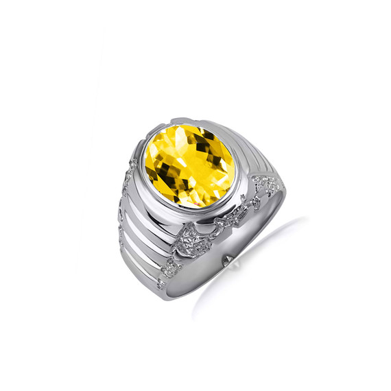 .925 Sterling Silver Oval Citrine Gemstone Ribbed Nugget Ring