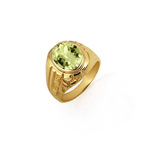 Gold Oval Peridot Gemstone Striped Nugget Men's Ring