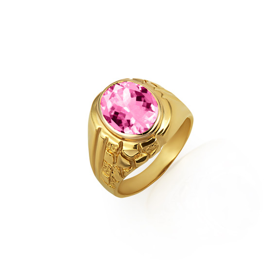 Gold Oval Pink CZ Gemstone Striped Nugget Men's Ring