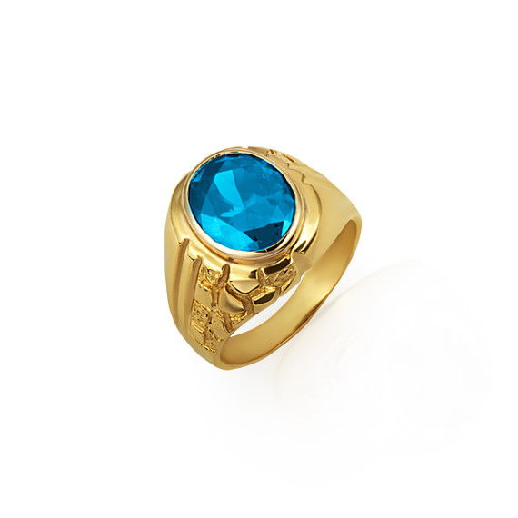 Gold Oval Blue Topaz Gemstone Striped Nugget Men's Ring
