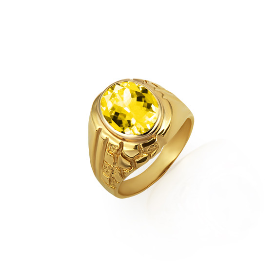 Gold Oval Citrine Gemstone Striped Nugget Men's Ring