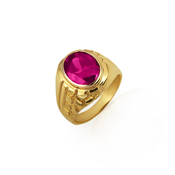 Gold Oval Ruby Gemstone Striped Nugget Men's Ring