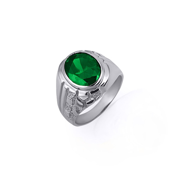 .925 Sterling Silver Oval Emerald Gemstone Striped Nugget Men's Ring