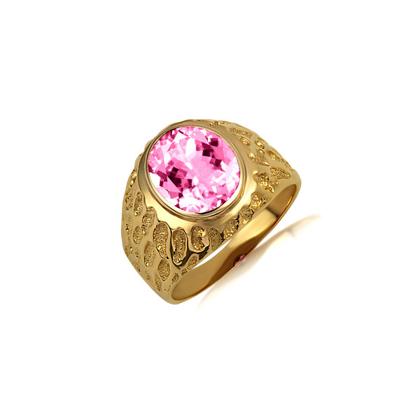 Gold Oval Gemstone Pink CZ Dragon Scales Nugget Ring