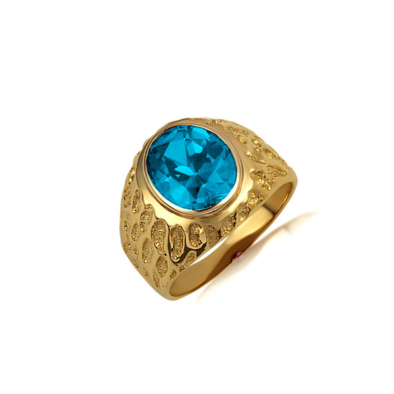Gold Oval Gemstone Blue Topaz Dragon Scales Nugget Ring