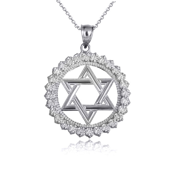 White Gold Jewish Star Of David CZ Circle Pendant Necklace