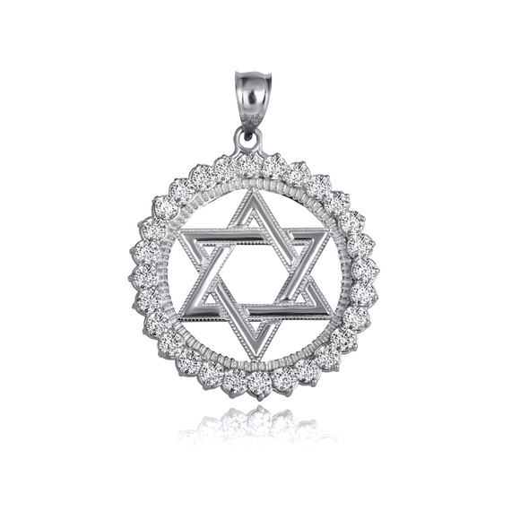 White Gold Jewish Star Of David CZ Circle Pendant
