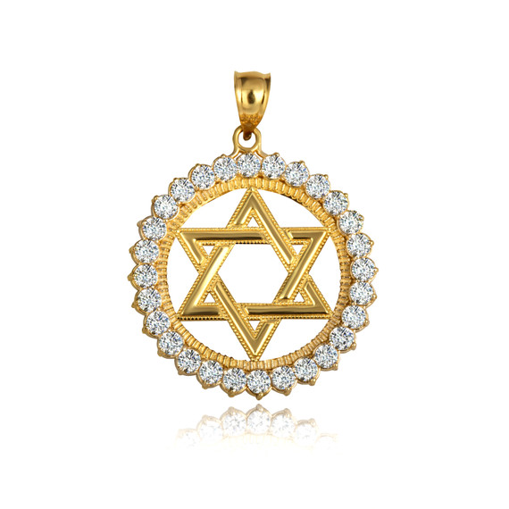 Gold Jewish Star Of David CZ Circle Pendant Necklace