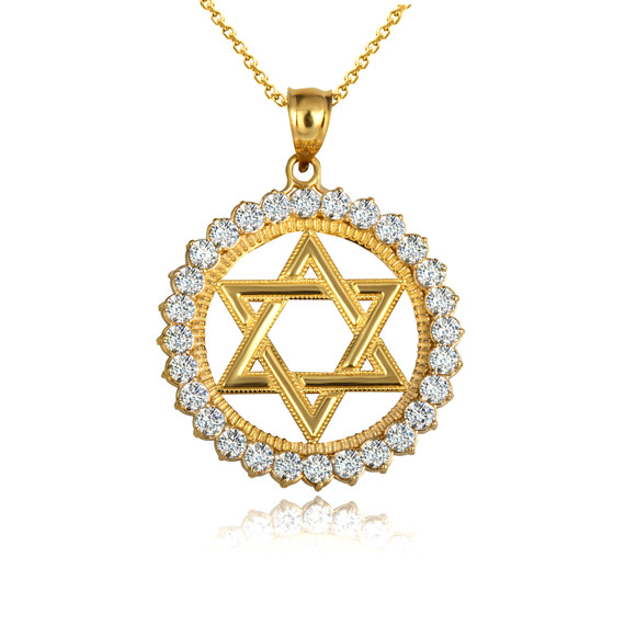 Gold Jewish Star Of David CZ Circle Pendant Necklace (Available in Yellow/Rose/White Gold)