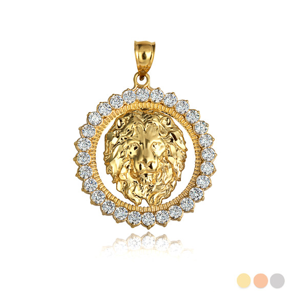 Gold Lion Head CZ Circle Pendant Necklace (Available in Yellow/Rose/White Gold)