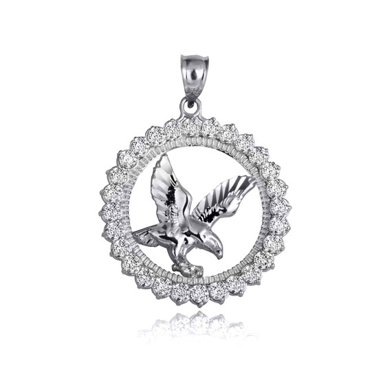 White Gold Soaring Eagle CZ Circle Freedom Pendant