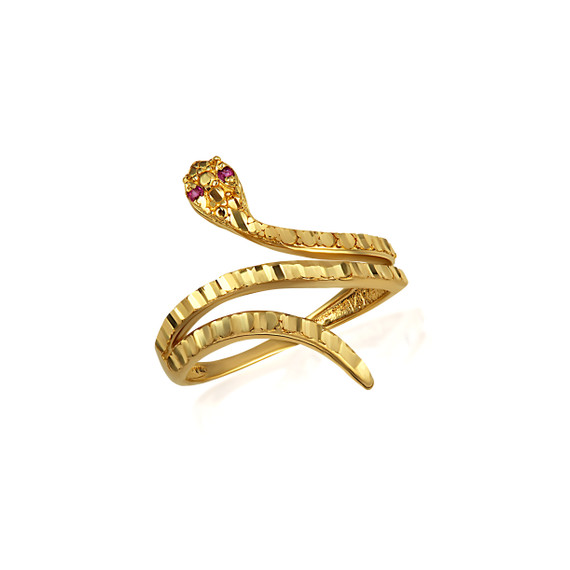Gold Diamond Cut Ribbed Snake CZ Ruby Ring