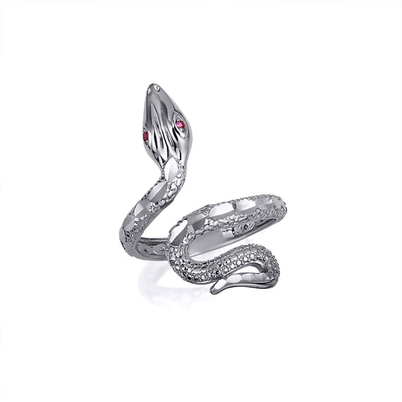 White Gold Diamond Cut Textured Snake CZ Ruby Ring
