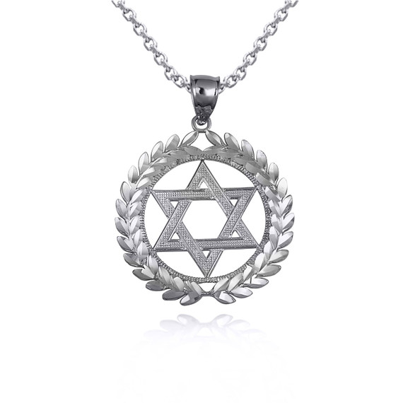 White Gold Jewish Star Of David Greek Laurel Wreath Circle Pendant Necklace