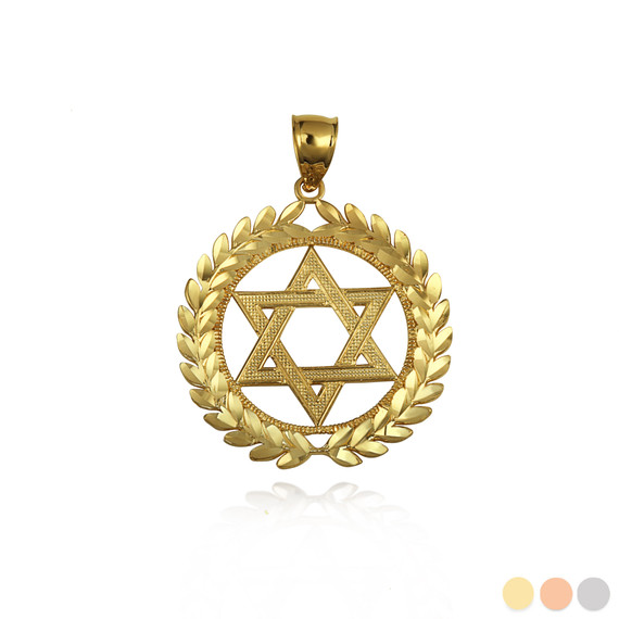 Gold Jewish Star Of David Greek Laurel Wreath Circle Pendant