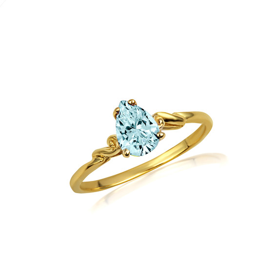 Gold Pear Cut Aqua Gemstone Ring