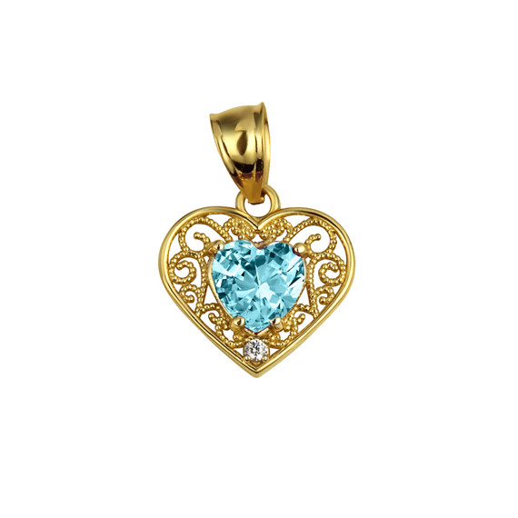 Gold Filigree Heart Cut Aqua Gemstone Pendant