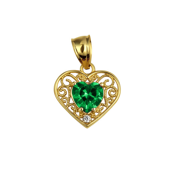 Gold Filigree Heart Cut Emerald Gemstone Pendant