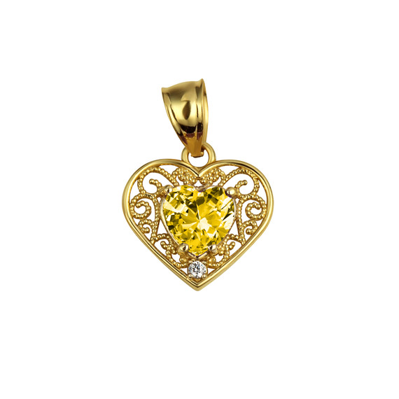 Gold Filigree Heart Cut Citrine Gemstone Pendant