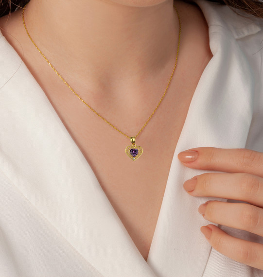 Gold Filigree Heart Cut Gemstone Pendant Necklace on female model