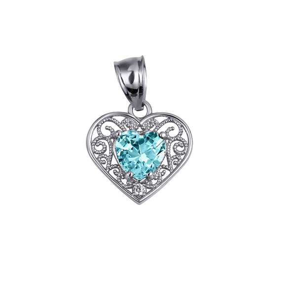 .925 Sterling Silver Filigree Heart Cut Aqua Gemstone Pendant