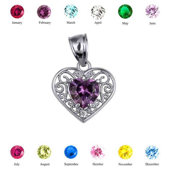 .925 Sterling Silver Filigree Heart Cut Gemstone Pendant Necklace