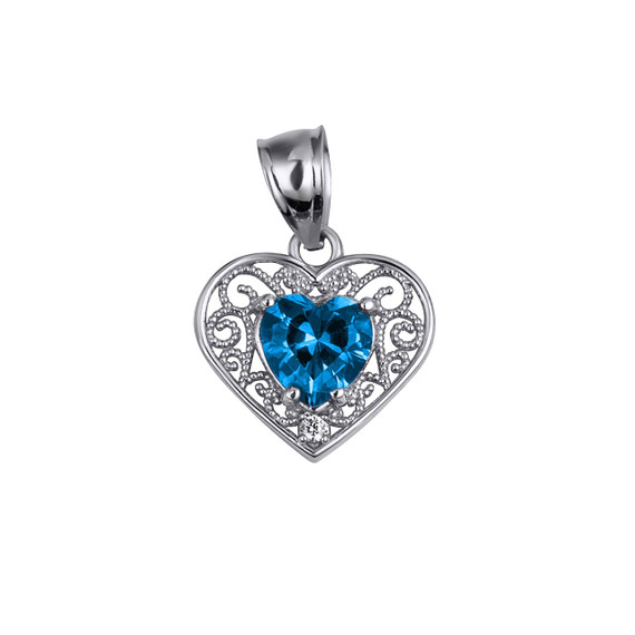 .925 Sterling Silver Filigree Heart Cut Blue Topaz Gemstone Pendant