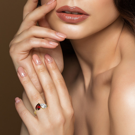Yellow Gold Pear Cut Garnet Gemstone Toi Et Moi Diamond Roped Love Ring on female model